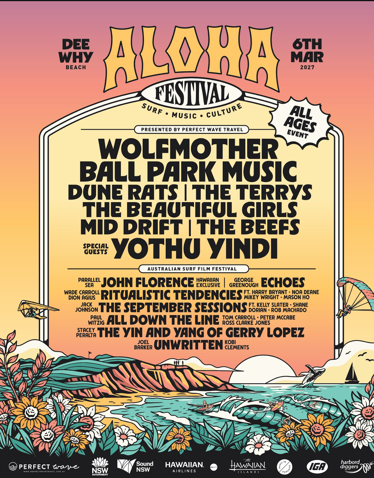 Aloha Festival 2027 poster at Dee Why Beach featuring Wolfmother, Ball Park Music, and Yothu Yindi.